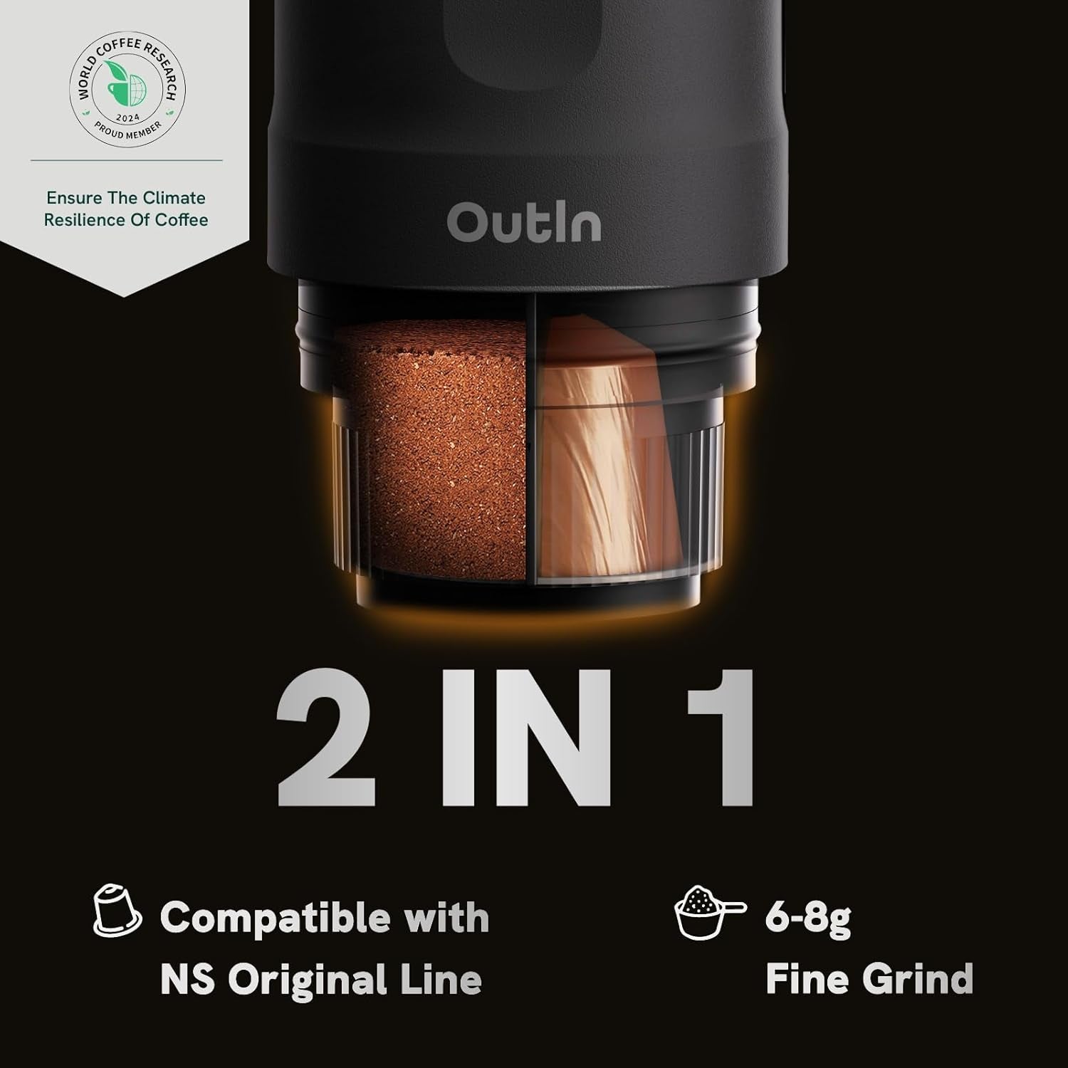 OutIn Nano draagbare elektrische espressomachine, campingkoffiezetapparaat, USB-C zelfverwarmend, compatibel met gemalen koffie en NS-capsules
