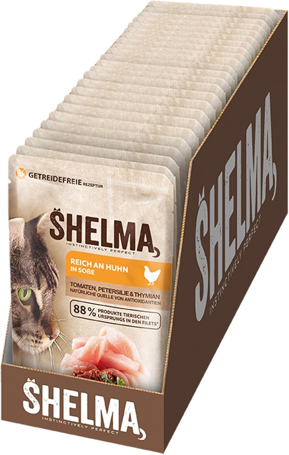 Shelma Natvoer voor katten met kip in tomaten- en kruidensaus - Compleet graanvrij voer met hoog vleesgehalte - 28 x 85 g (2,38 kg)