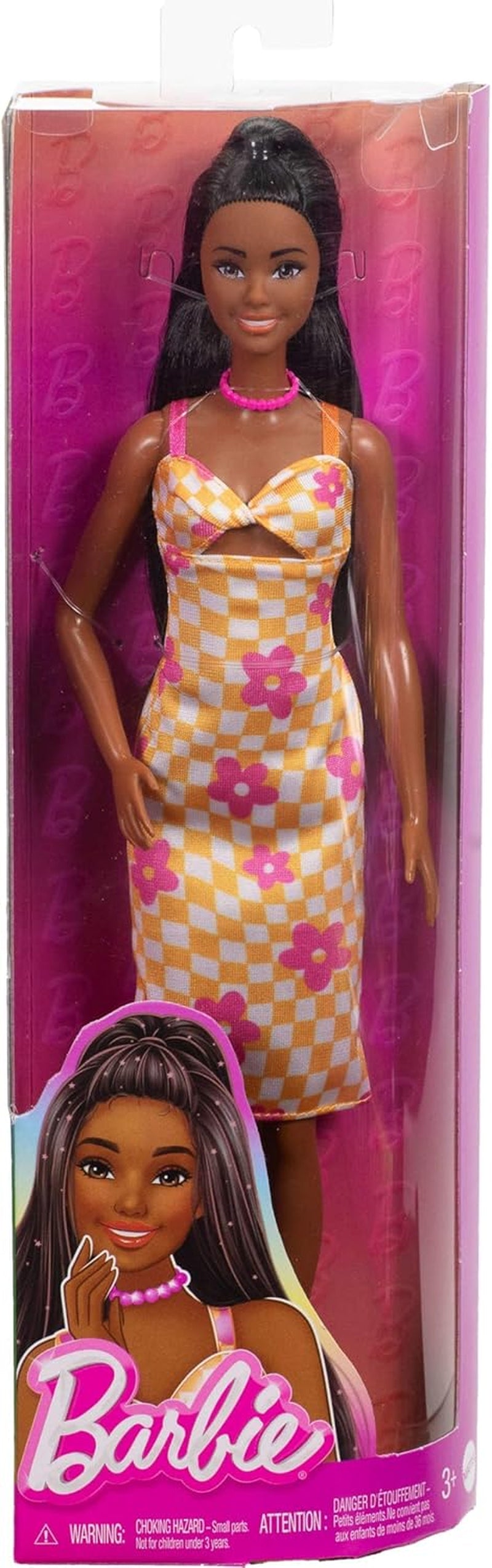 Barbie Fashionistas pop nr. 233 met zwart haar, oranje geruite midi-jurk met roze bloemen, ketting en sandalen, HYT91