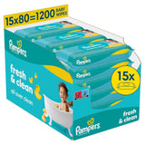Pampers Fresh Clean vochtige doekjes, 15 verpakkingen van 80 doekjes, totaal 1200 doekjes, lichte geur, ook geschikt voor handen en gezicht