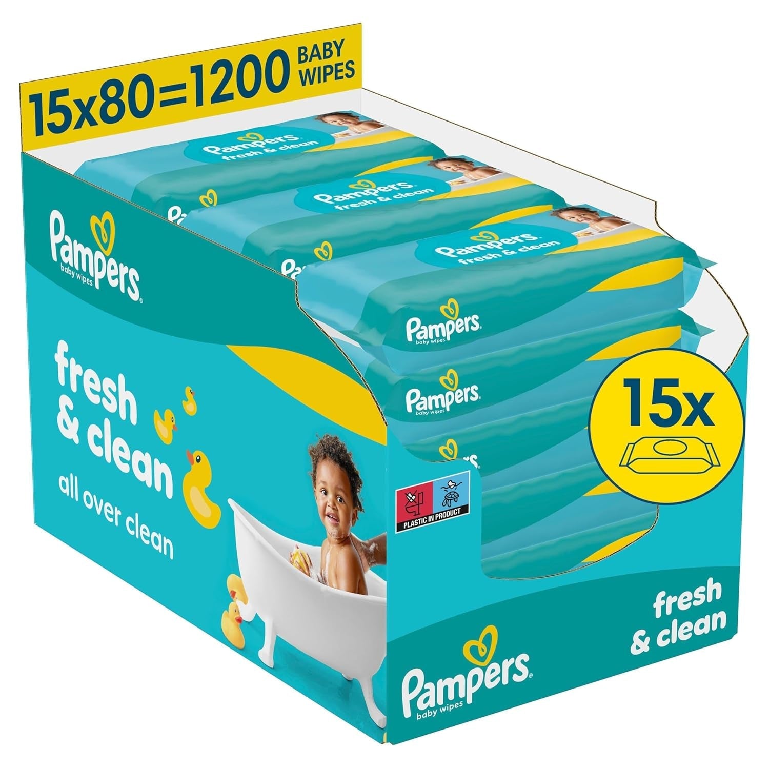 Pampers Fresh Clean vochtige doekjes, 15 verpakkingen van 80 doekjes, totaal 1200 doekjes, lichte geur, ook geschikt voor handen en gezicht