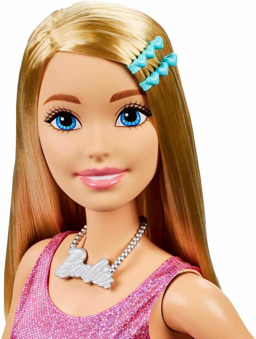Barbie extra grote pop (71 cm) - roze jurk, blond haar met clip en ketting, cadeau voor 3 jaar en ouder, HJY02