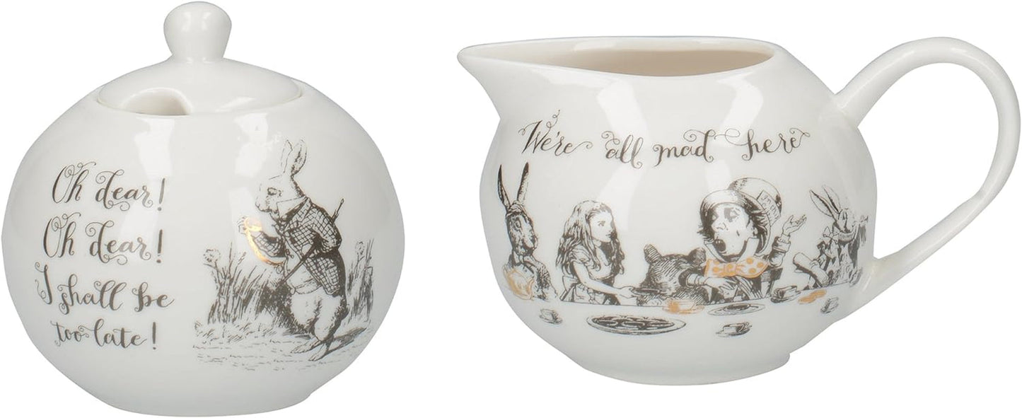 Alice in Wonderland fijne porseleinen theepot en melkkan, porseleinen kom en melkkan in een luxe geschenkdoos