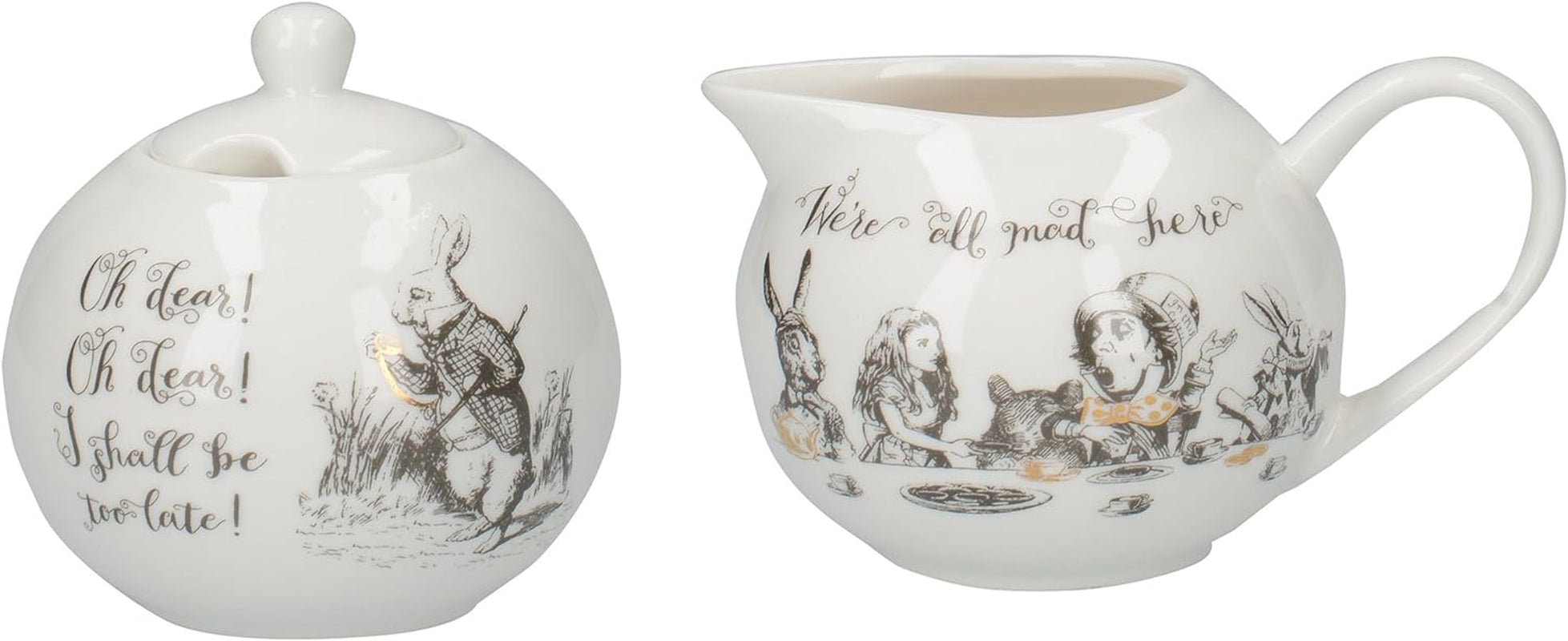 Alice in Wonderland fijne porseleinen theepot en melkkan, porseleinen kom en melkkan in een luxe geschenkdoos