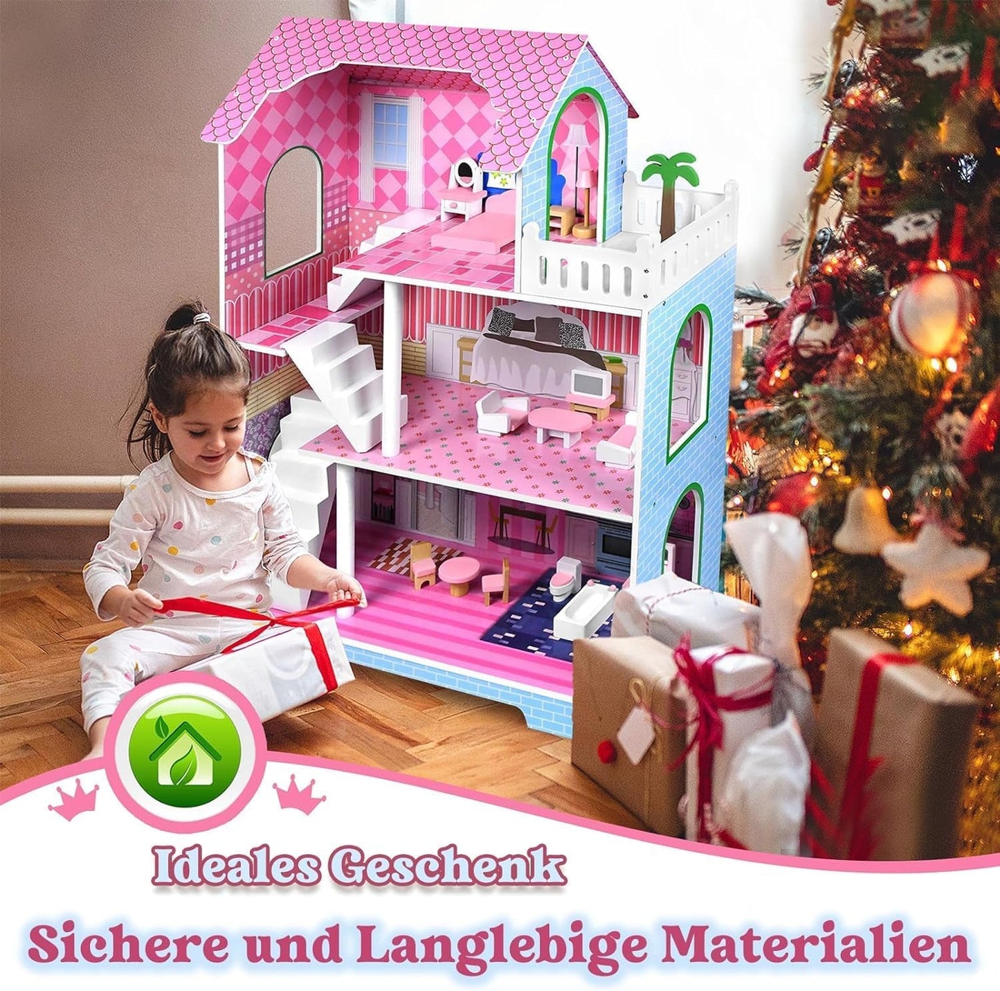 HENGMEI Puppenhaus Kinder Holz Puppenvilla poppenhuisset Mädchen Spielset 3 Etagen Haus mit Möbeln und Zubehör, 70x30x100cm Puppenhäuser für Kinder (Typ B)