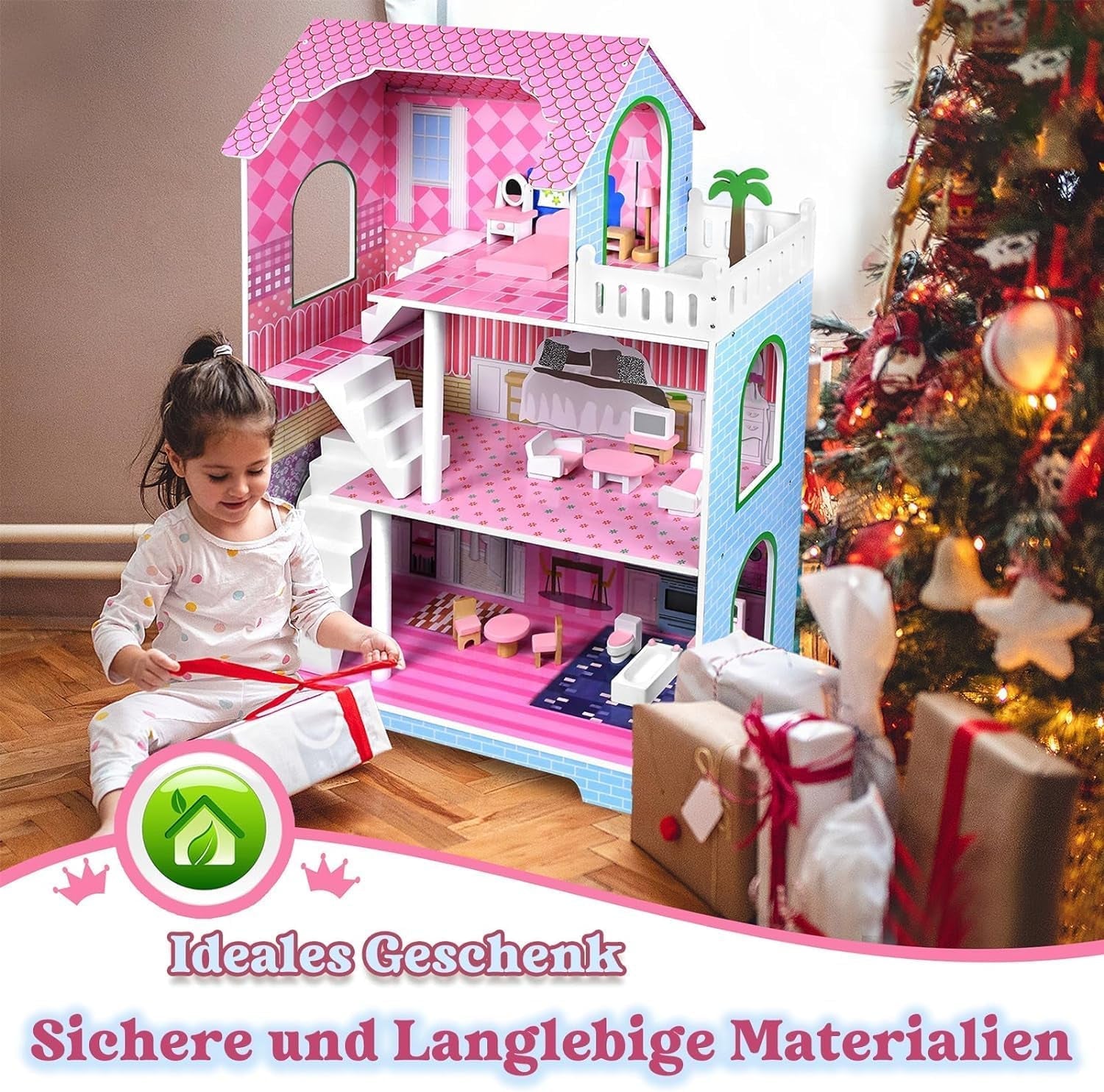 HENGMEI Puppenhaus Kinder Holz Puppenvilla poppenhuisset Mädchen Spielset 3 Etagen Haus mit Möbeln und Zubehör, 70x30x100cm Puppenhäuser für Kinder (Typ B)