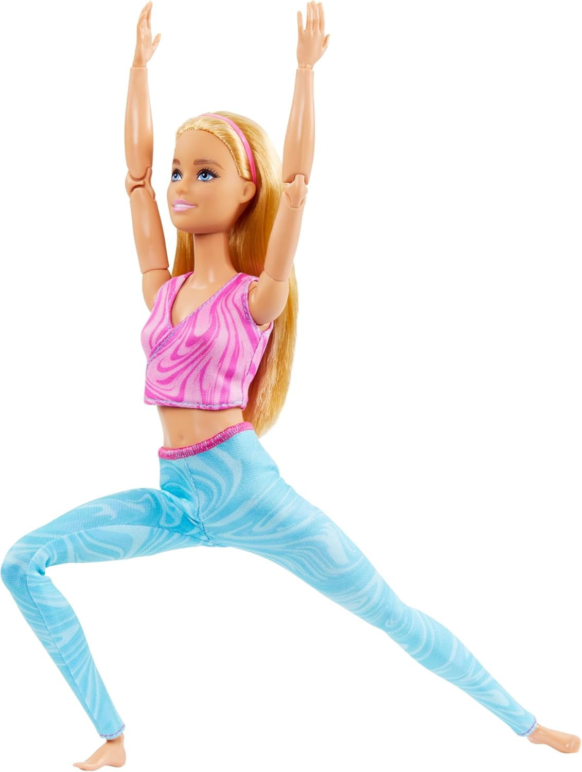 Barbie Made-to-Move pop met blond haar, afneembaar roze sporttopje en blauwe yogabroek, 22 gewrichten, HRH27, [Multicolor]