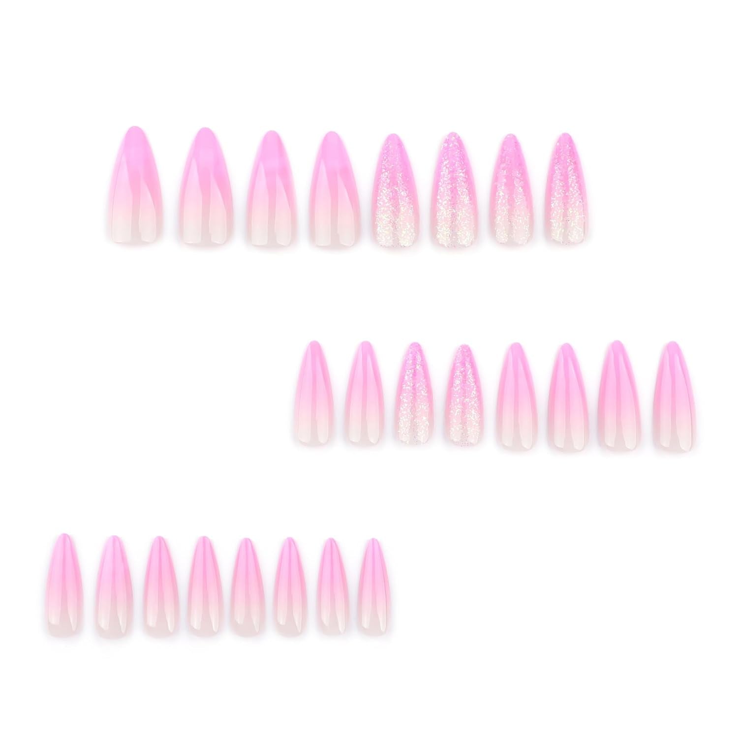 Mouyuglow Lange nagels Stiletto Melkwit Gradiënt Roze Glitter Cool Nepnagels met lijm Roze Ombre Glitter Kunstnagels
