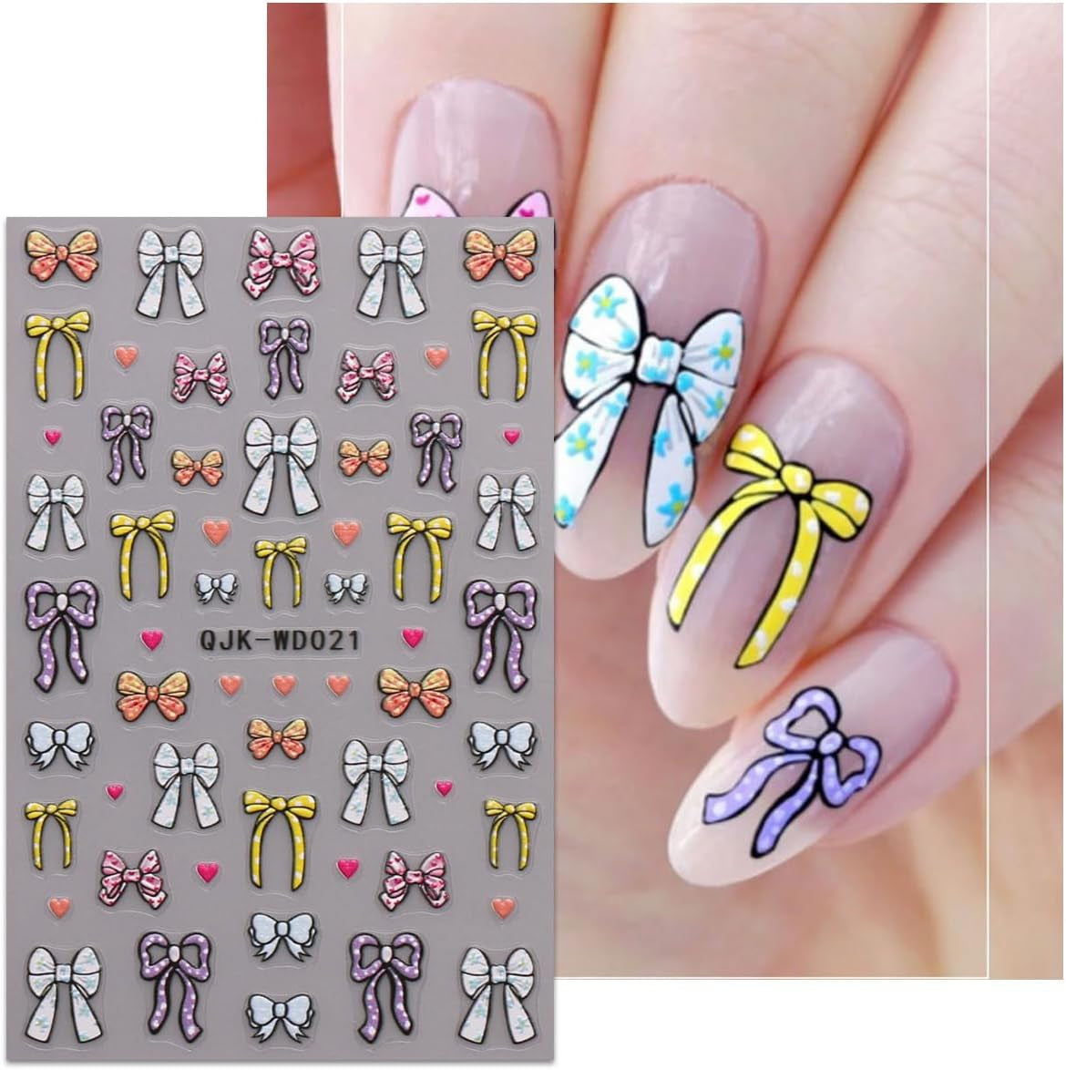 JMEOWIO Nagelsticker Bunte Herz Schleife 6 Blatt Nail Art Sticker Selbstklebend Nagelaufkleber Decoratie Nageldesign Zubehör
