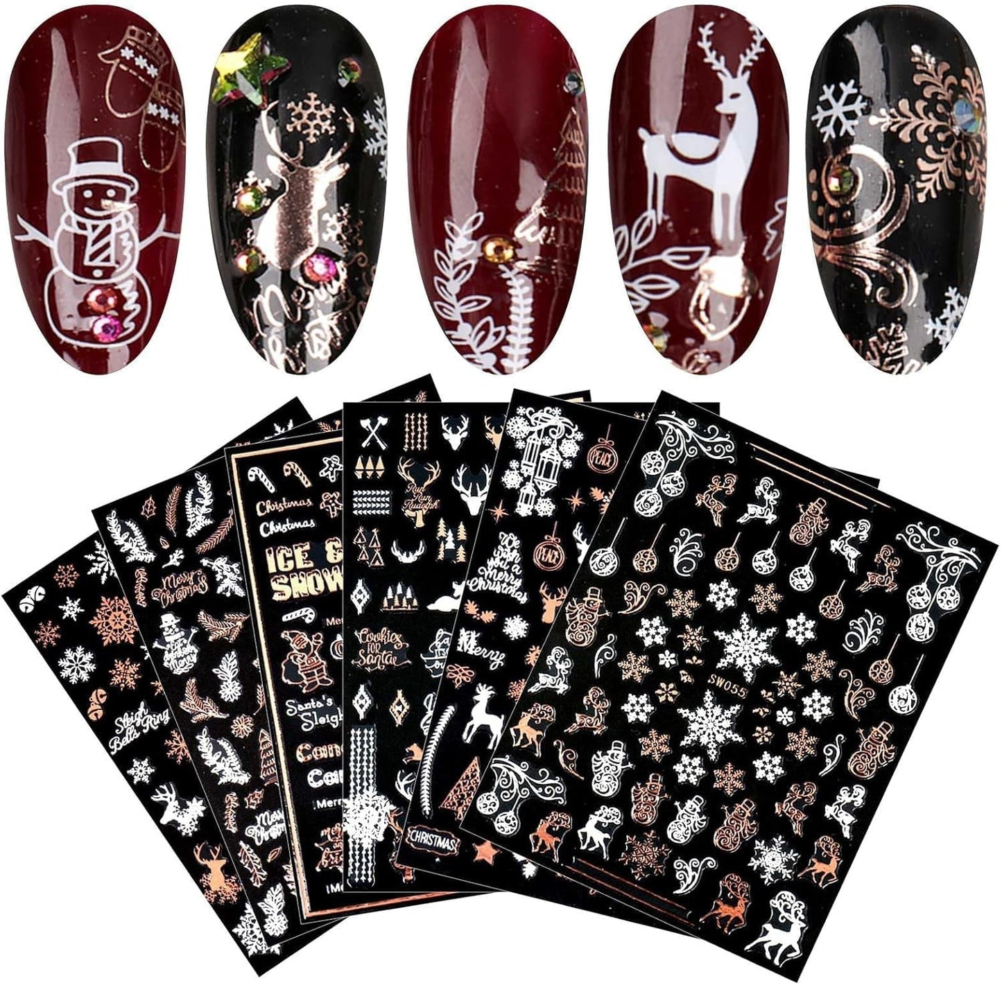 9 Blatt Nagelsticker Weihnachten Nagelaufkleber Selbstklebend Weiß Rentier Schneemann Nail Art Sticker Decoratie Nageldesign Zubehör