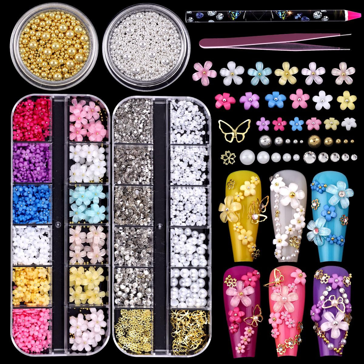 GZMAYUEN 920 Stuks Goud Zilver Plaksteen Perlen Voor Nagel, Halbrunde Weiße Beige Nagel Perlen, Kleine Halbrunde Plaksteen Perlen Voor DIY Nail Art Decor