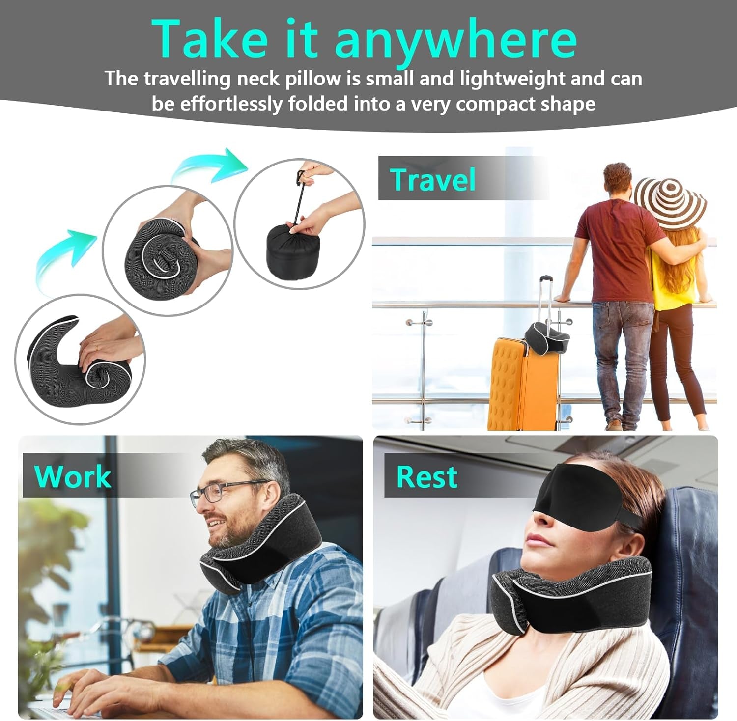 KILDOWS Vliegtuig-nekkussen, reiskussen van traagschuim, vliegtuigreiskussen met oogmasker en oordopjes, orthopedisch nekkussen, ideaal voor reizen per vliegtuig, auto, trein Cervicale orthopedische kussens Naty Shop