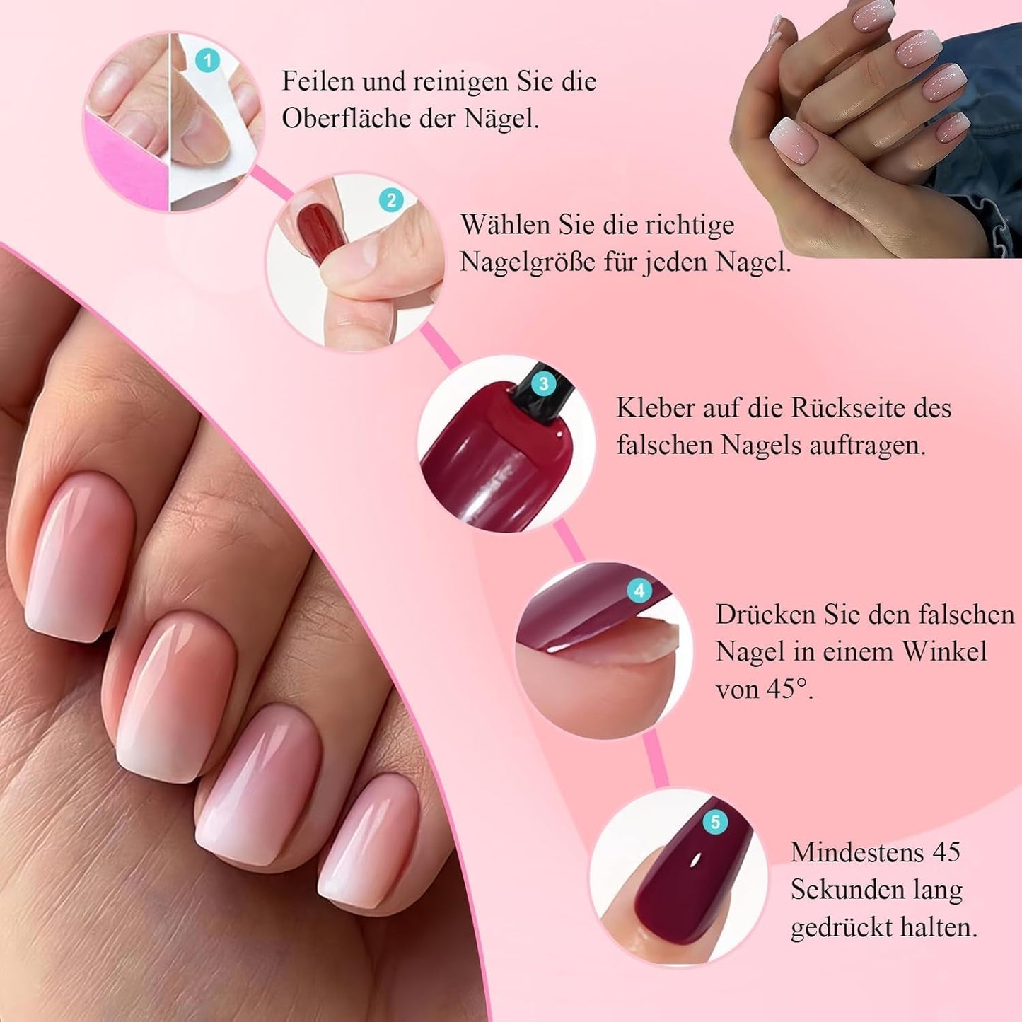 360-delige kunstnagelset - korte naaktroze witte gradiënt kunstnagels - vierkante lijm op kunstnagels - volledige dekking glanzende zelfklevende nagels voor dames en meisjes (vierkant)