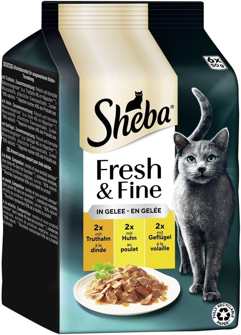 Sheba Portiezakjes Nat kattenvoer, vers en fijn kalkoen- en kipgelei multipack, 6x6x50g - Hoogwaardig kattenvoer met kalkoen en kipgelei