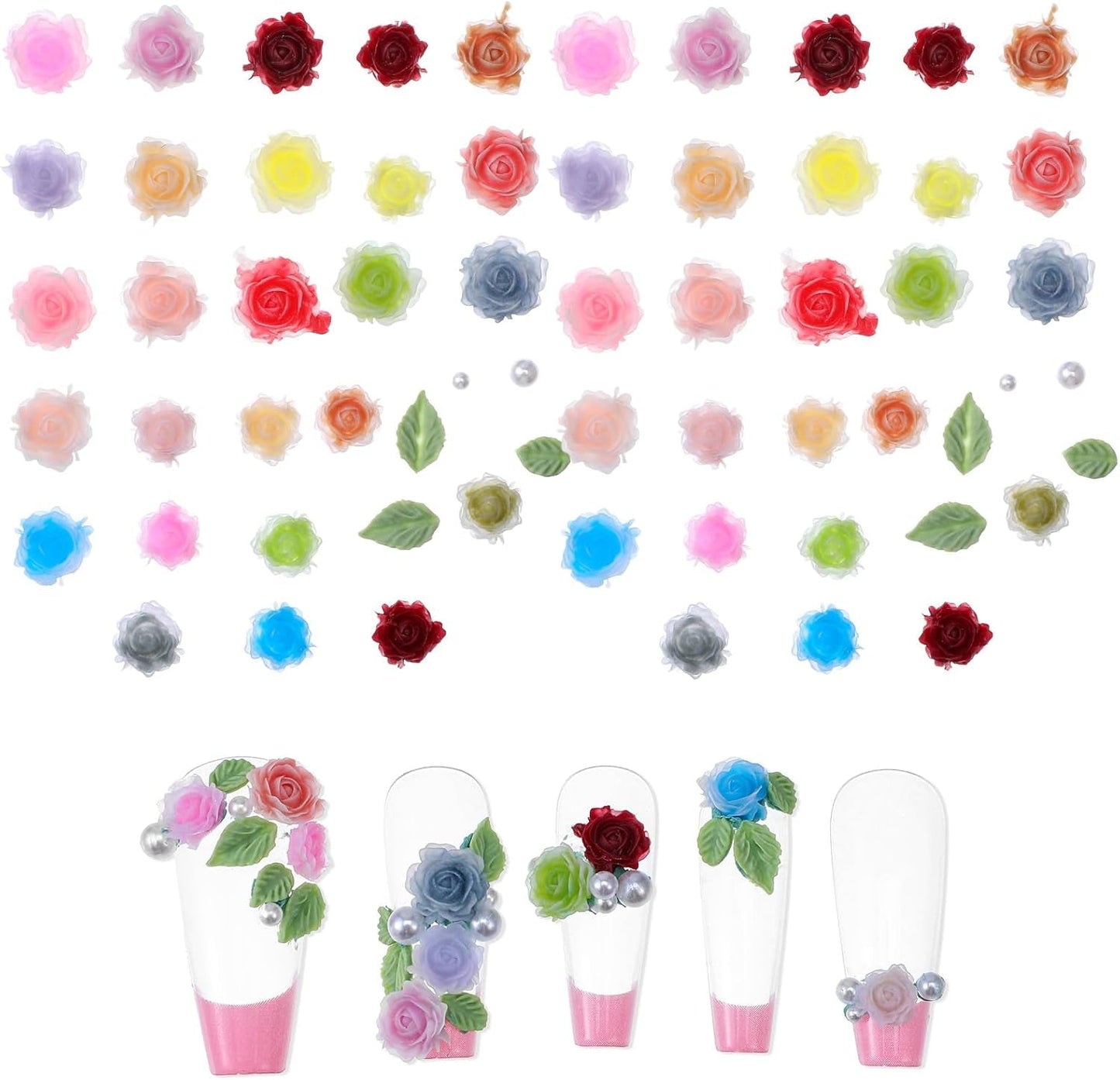 300 Stück Niedlich Blume Nail Charms, 3D Resin Floral Camelie Rose Nägel Charms Mit Perle, Gemischt Grote Bunte Flower Nägel Deko voor Frauen Nail Art Zubehör