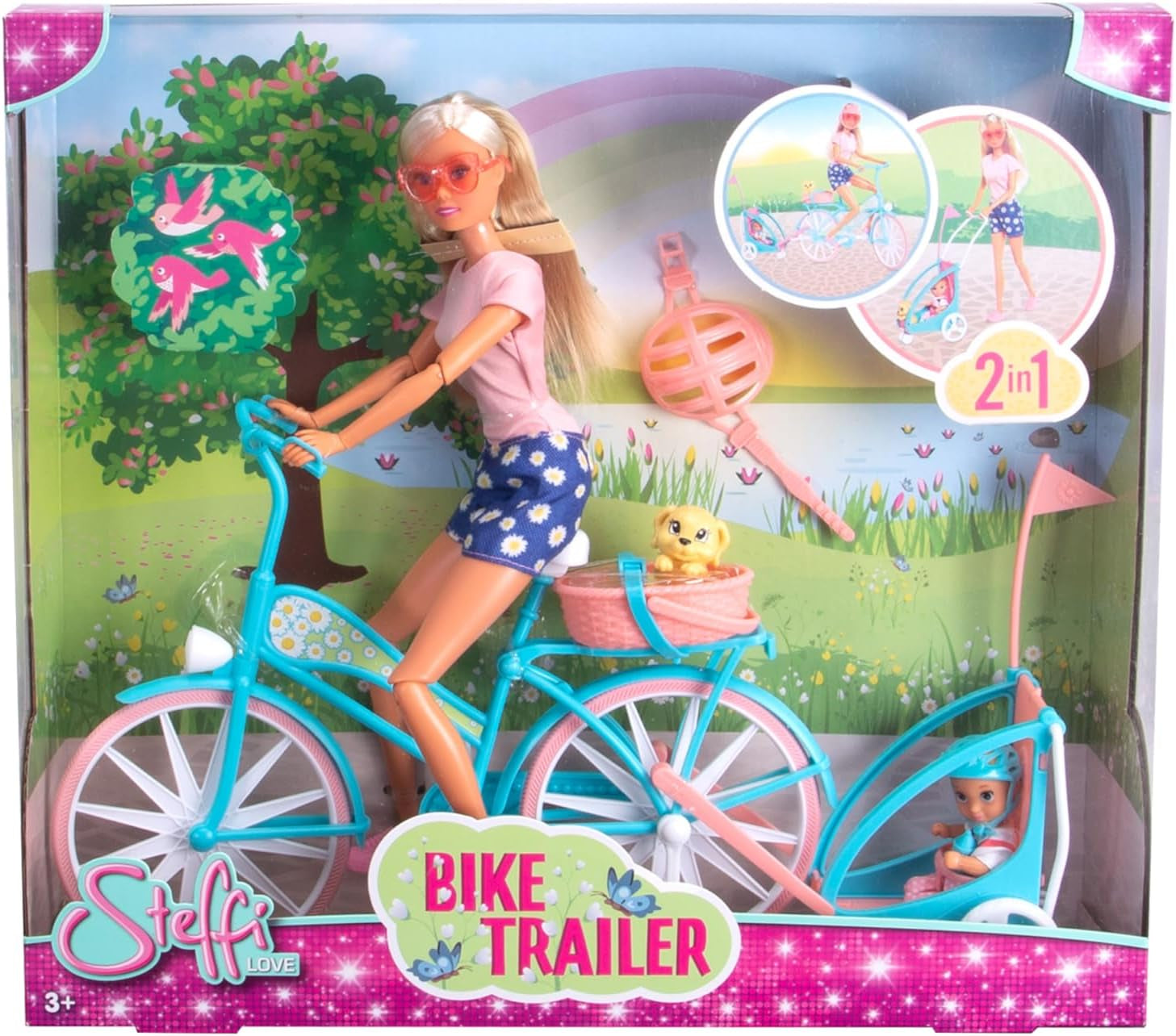 Steffi Love fietskar, pop op fiets met aanhanger voor baby, hond en koptelefoon, vanaf 3 jaar