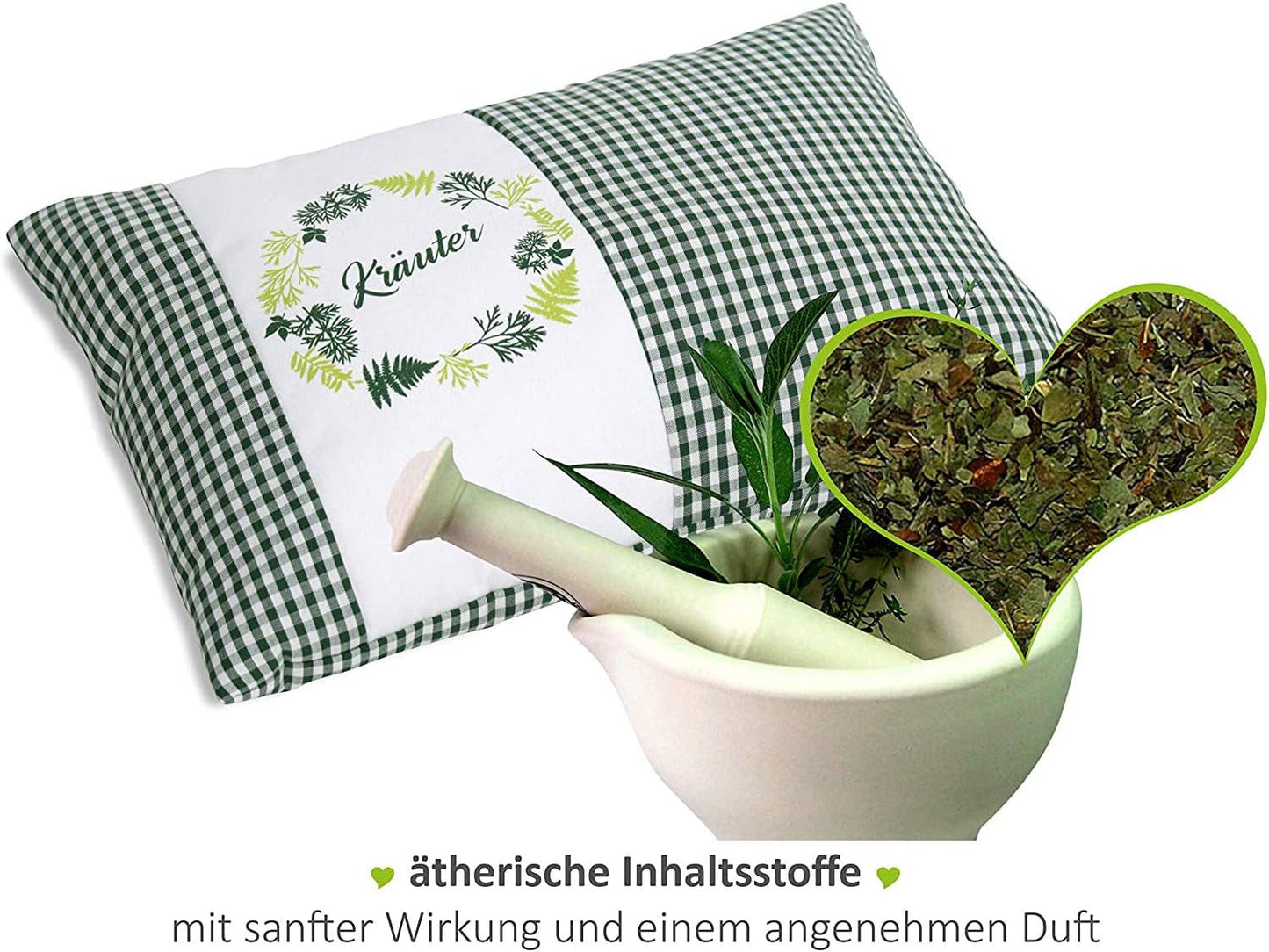 Gözze - Kruidengeurkussen, 200G kruidenmengselvulling, 100% katoenen hoes, 30 x 20 cm - Geruit groen Naty Shop Standaardkussens