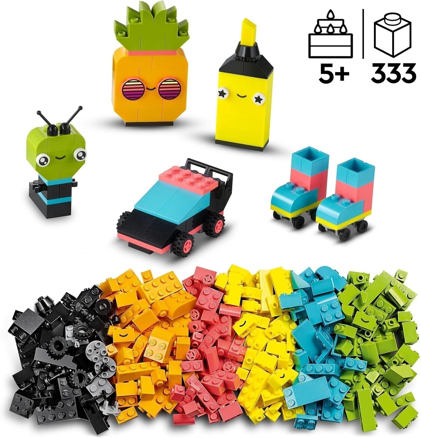 LEGO 11027 Classic Neon Creatieve bouwset, Brick Box Set, Bouwspeelgoed met modellen: auto, ananas, alien, rolschaatsen, figuren en meer, voor kinderen vanaf 5 jaar Bouwsets Besuche den LEGO-Store