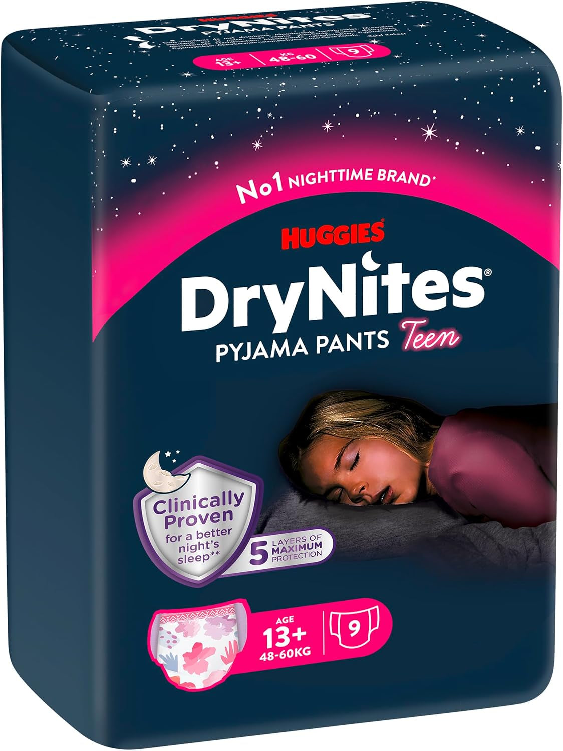 Huggies DryNites Nachtelijke bedplasluiers voor meisjes van 13 tot ongeveer 17 jaar (48-60 kg) Maandpakket van 27 stuks (3x9) Pantyluiers