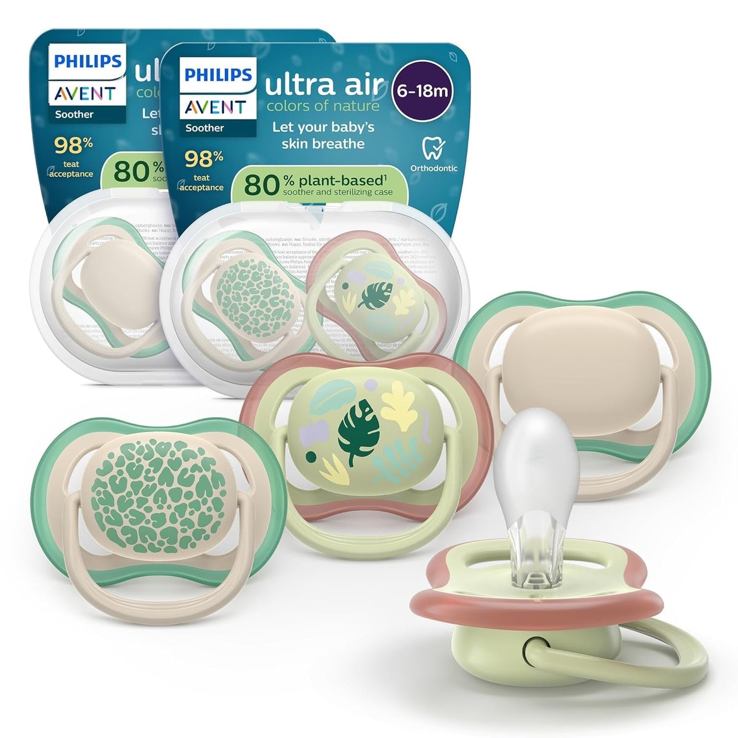 Philips AVENT ultra air-fopspenen - verpakking van 4 BPA-vrije, ademende fopspenen voor baby's van 6-18 maanden, inclusief draagtas en sterilisatie, schildpad-/walvispatroon (model SCF085/66)