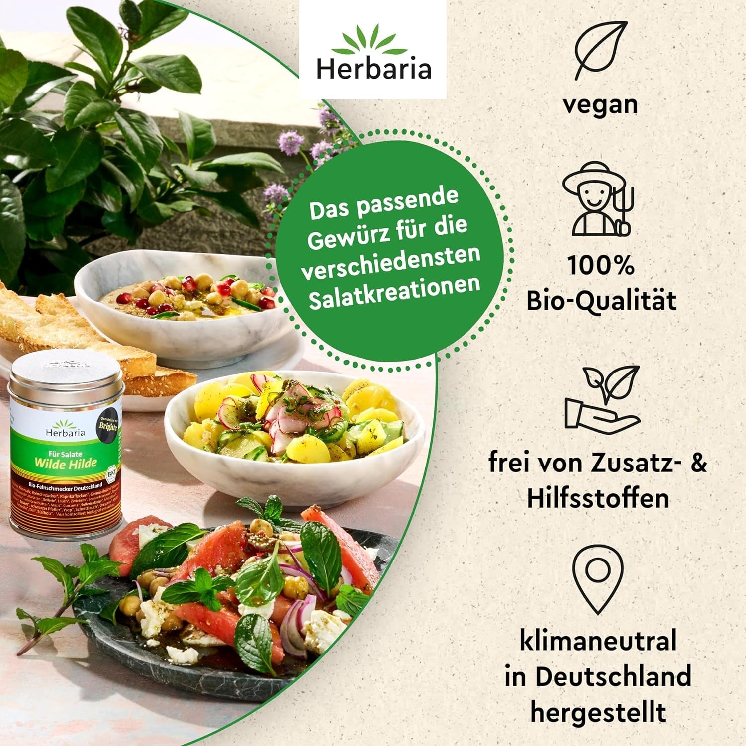 Herbaria Wilde Hilde bio 100g M-Dose-fertige Bio-Gewürzmischung - Saladegewürz für ausgefeilte Salade - mit erlesenen Ingrediënt - in nachhaltiger Aromaschutz-Dose