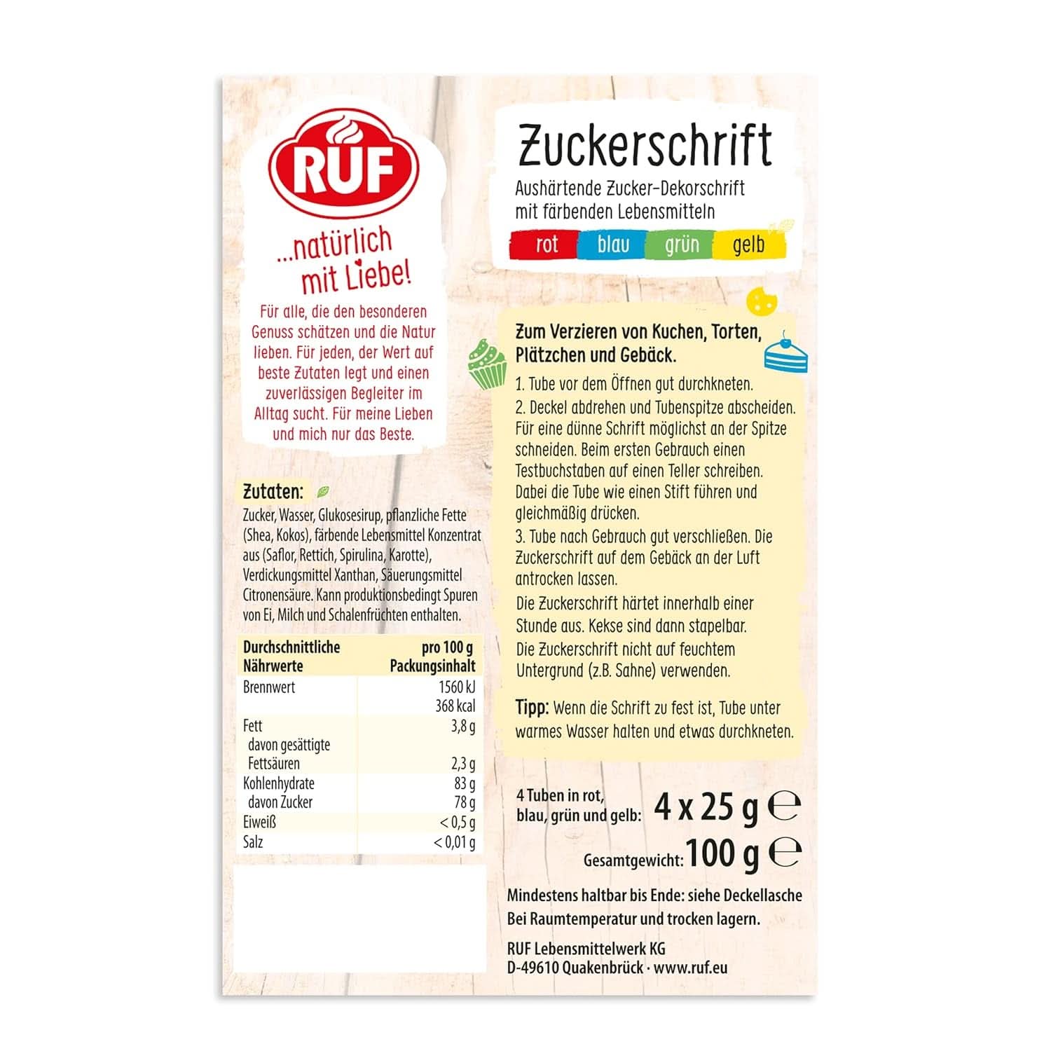 RUF, glazuur voor het schrijven op taarten, koekjes, cakes, glutenvrij, vegan, 4 x 25 gram Glazuren en Decor Naty Shop