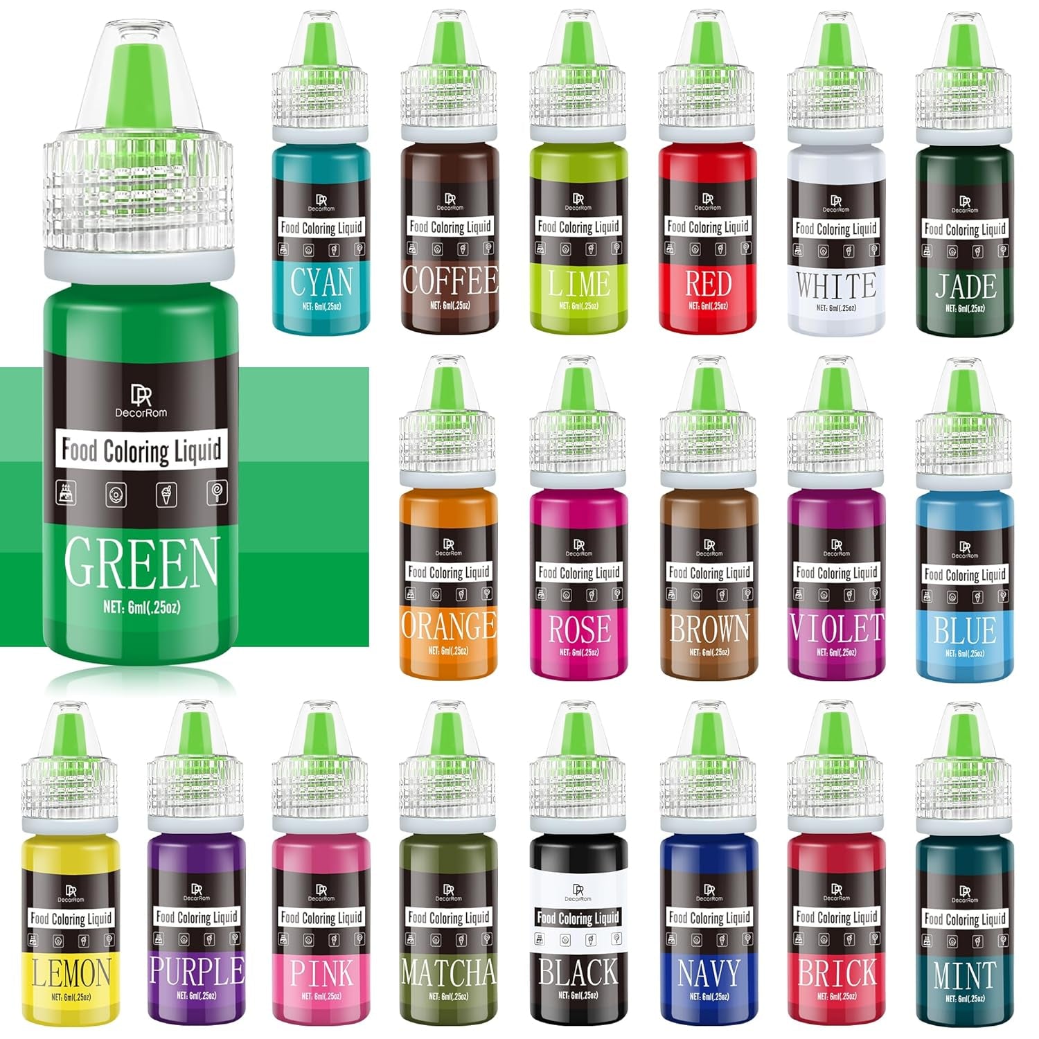 Voedselkleuring - 20 kleuren x 10 ml geconcentreerde vloeibare kleurstof voor taartdecoratie, bakken, koekjes, macarons - suikervrije kleurstof voor drankjes, taartdecoratie, doe-het-zelf-slijm, paaseieren