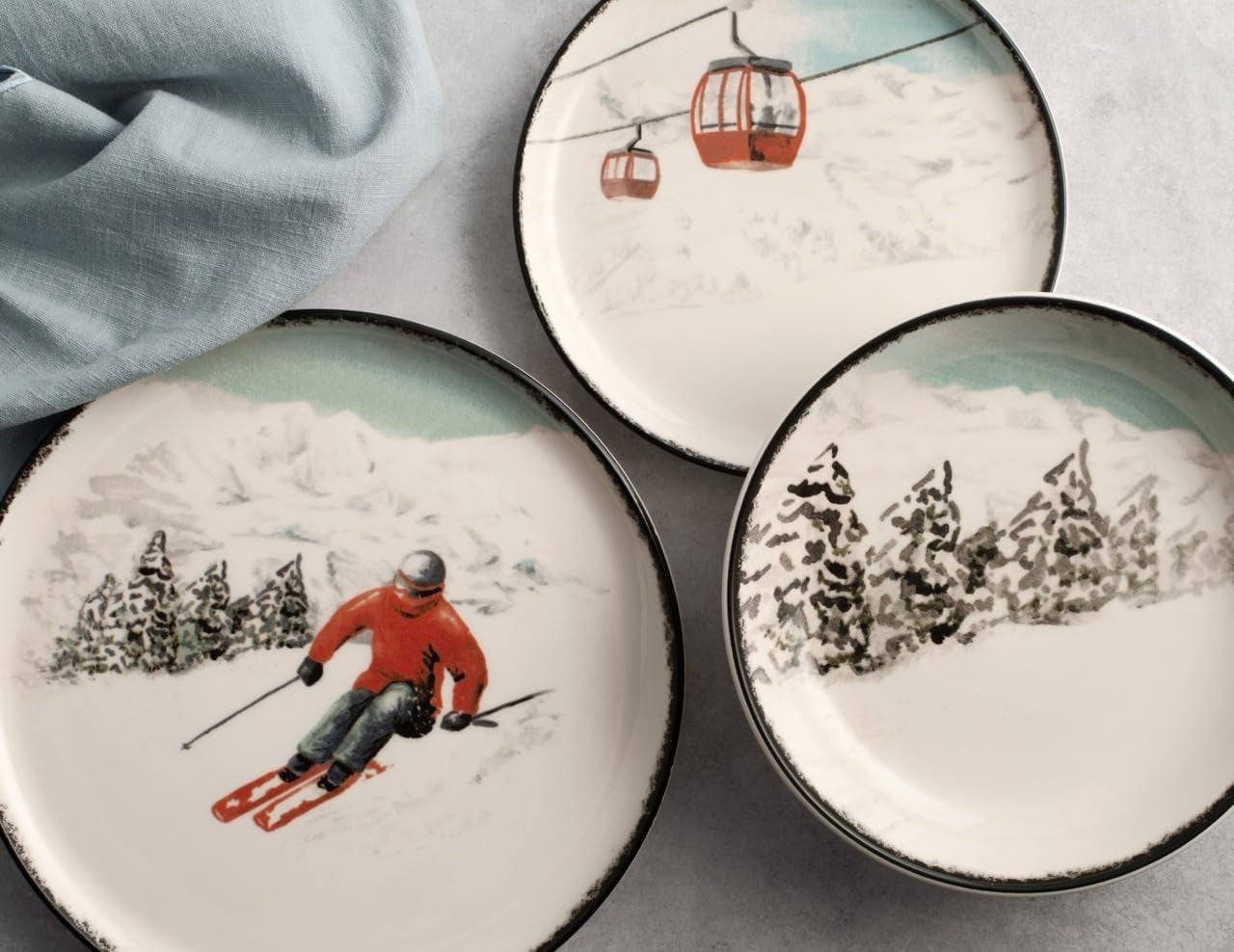 Winter Escape 12-delige kerststeengoed serviesset - Nordic Winter Skier Design - Vaatwasmachine- en magnetronbestendig