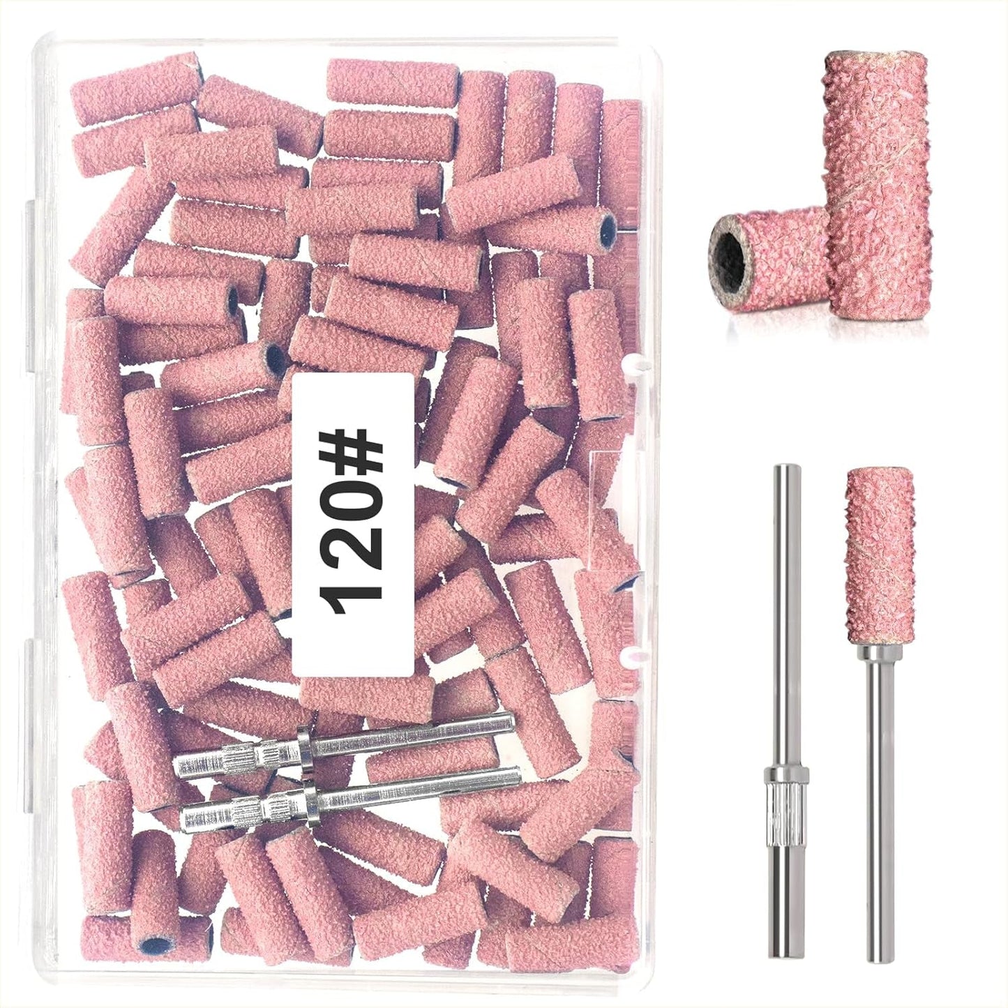 BLESWIN 100 stuks kleine schuurbanden voor nagelboren, fijn 240 korrel met 2 stuks 3 mm boren, mini-schuurbanden voor het polijsten van natuurlijke nagels en het reinigen van nagelriemen voor voorbereiding, roze