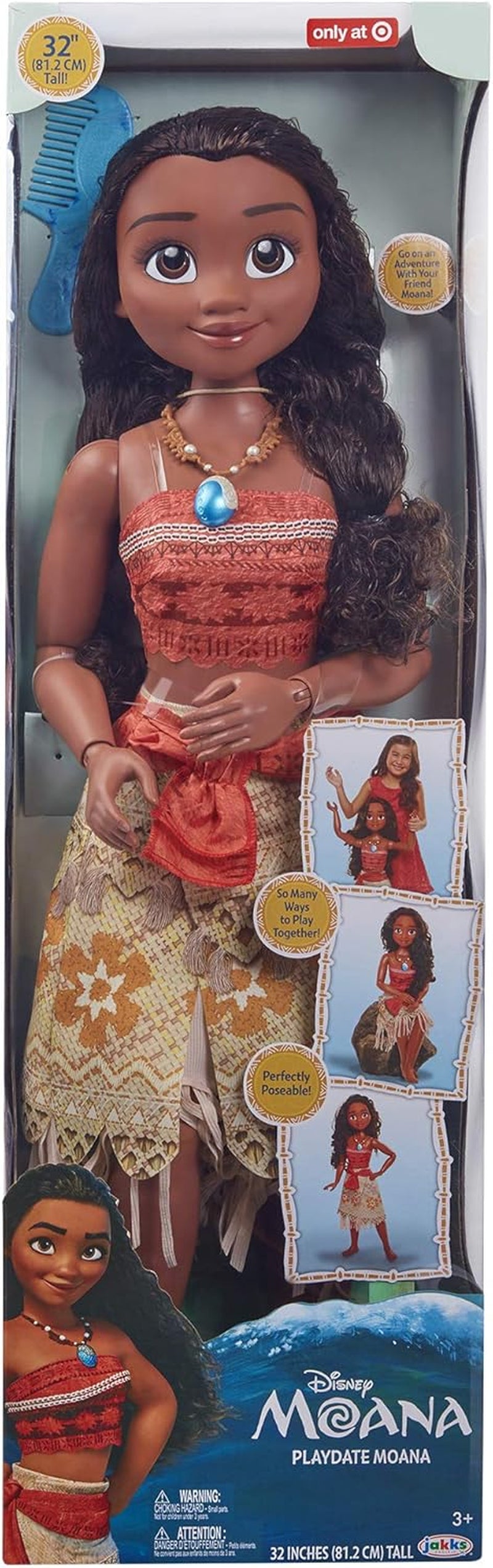 Disney Princess Vaiana, 80 cm grote speelpop van Jakks Pacific, bewegliche pop, met Bürste zum Kämmen ihrer welligen Locken, vom Film geïnspireerde Kleed, abnehmbare Halskette met Anhänger