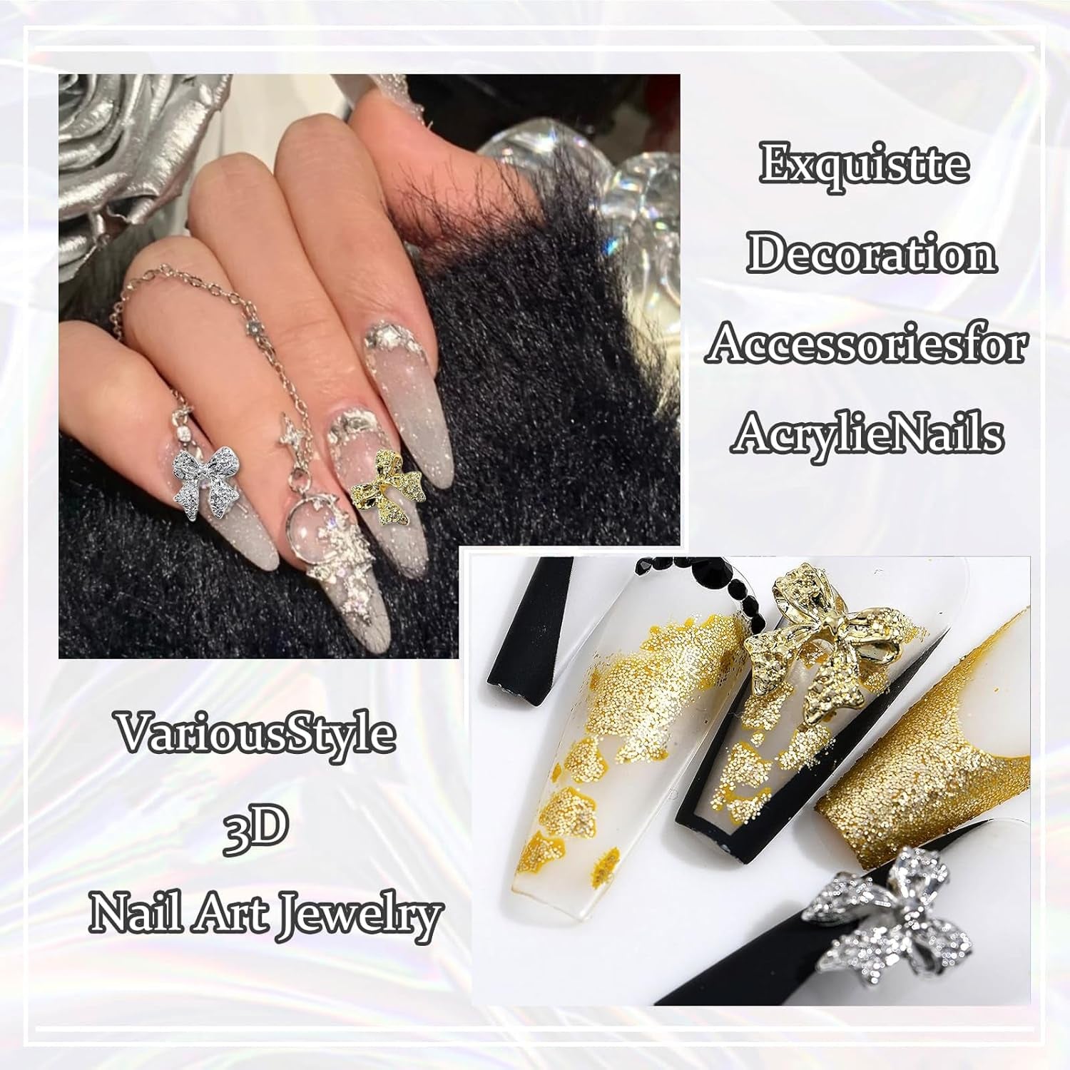 30st metalen nagelbogen, goud zilver grijze strikken, nagelaccessoires, nageldecoraties voor vrouwen en meisjes, nail art design