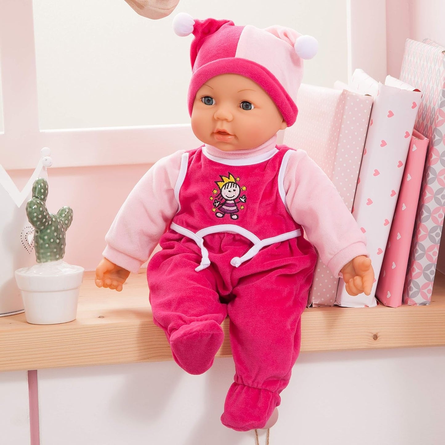 Funktionspuppe Hello Baby mit Geräuschen, bewegt den Mund, interactieve Puppe, Babypuppe, met Zubehör, 46cm, roze