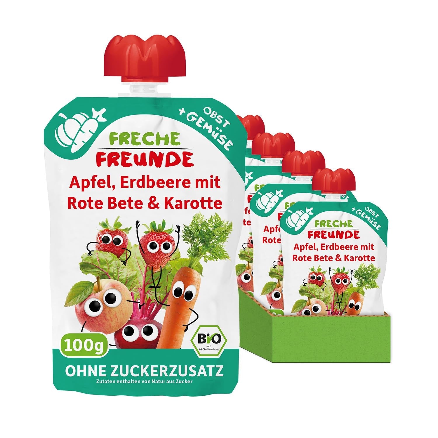 FRECHE FREUNDE Biologisch knijpfruitzakje met appels, aardbeien, rode biet en wortel, fruit- en groentepuree in knijpzakje voor baby's vanaf 6 maanden, veganistisch, 6 stuks (6 x 100 g)