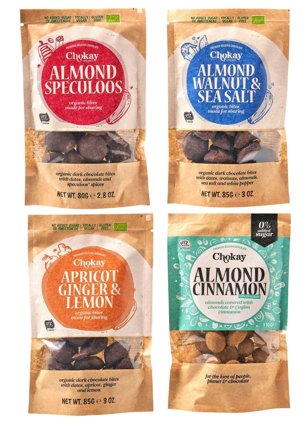 Set van 4 biologische hapjes - Kaneelamandelen/kaneelamandelen in Belgische pure chocolade/zonder toegevoegde suiker, zonder zoetstoffen/VEGAN & FAIR TRADE / 4 x 85g