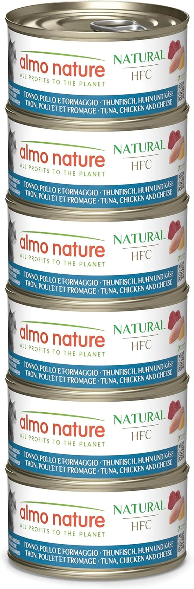 Almo Nature HFC Natural - Natvoer voor volwassen katten - Tonijn, Kip en Kaas - Menselijke kwaliteit, Glutenvrij - 6 x 70g