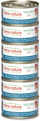 Almo Nature HFC Natural - Natvoer voor volwassen katten - Tonijn, Kip en Kaas - Menselijke kwaliteit, Glutenvrij - 6 x 70g