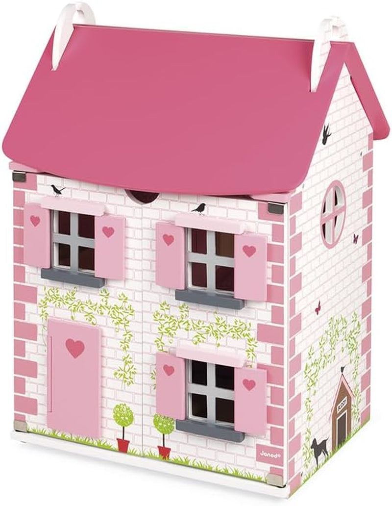 Janod - Mademoiselle houten poppenhuis, 3 verdiepingen en 11 accessoires, replica speelgoed, stimuleert de verbeelding, vanaf 3 jaar, J06581, Roze Naty Shop poppenhuizen