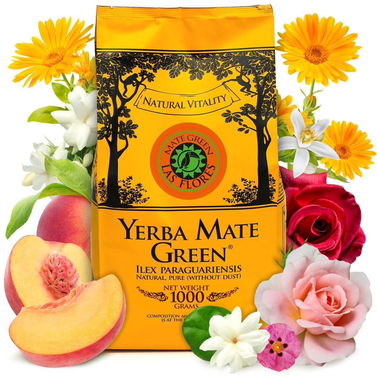 Yerba LAS FLORES 1 kg ● Yerba Mate thee met Braziliaanse perziken ● Jasmijn ● Mate thee van mate bladeren ● Natuurlijke smaken ● Yebra Mate thee met guarana 50 g ● Yerba Mate thee met hele bladeren 1050 g ● Veganistisch
