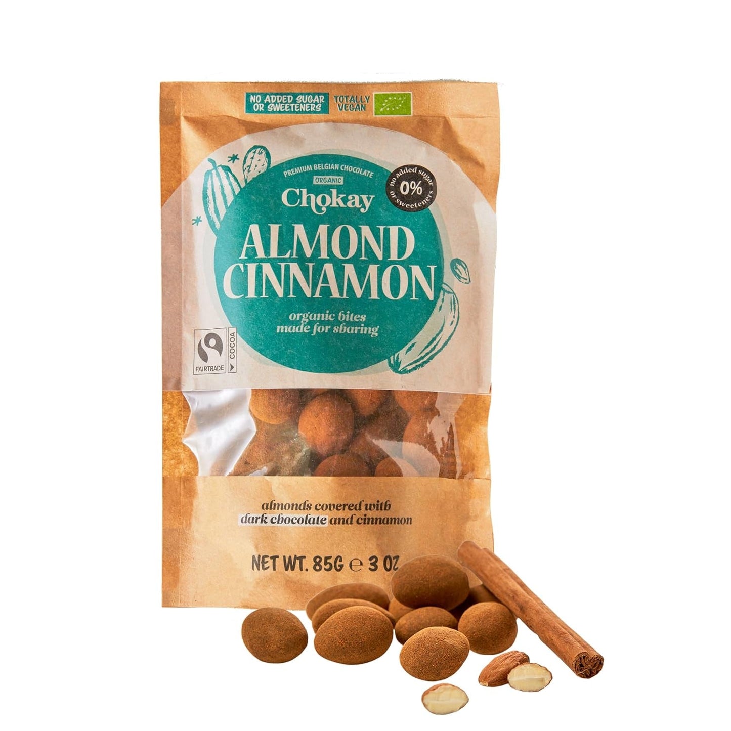 Set van 4 biologische hapjes - Kaneelamandelen/kaneelamandelen in Belgische pure chocolade/zonder toegevoegde suiker, zonder zoetstoffen/VEGAN & FAIR TRADE / 4 x 85g