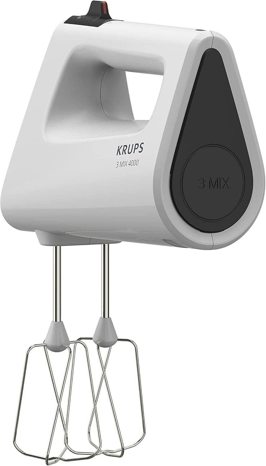Krups GN4001 3 Mix 4000 Handmixer | 450 Watt | Robuust ontwerp | Variabele snelheidsregelaar | Turbo- en Auswurf-functie | Incl. 2 Rührbesen en 2 Knethaken | Weiß/Grau Keuken Naty Shop