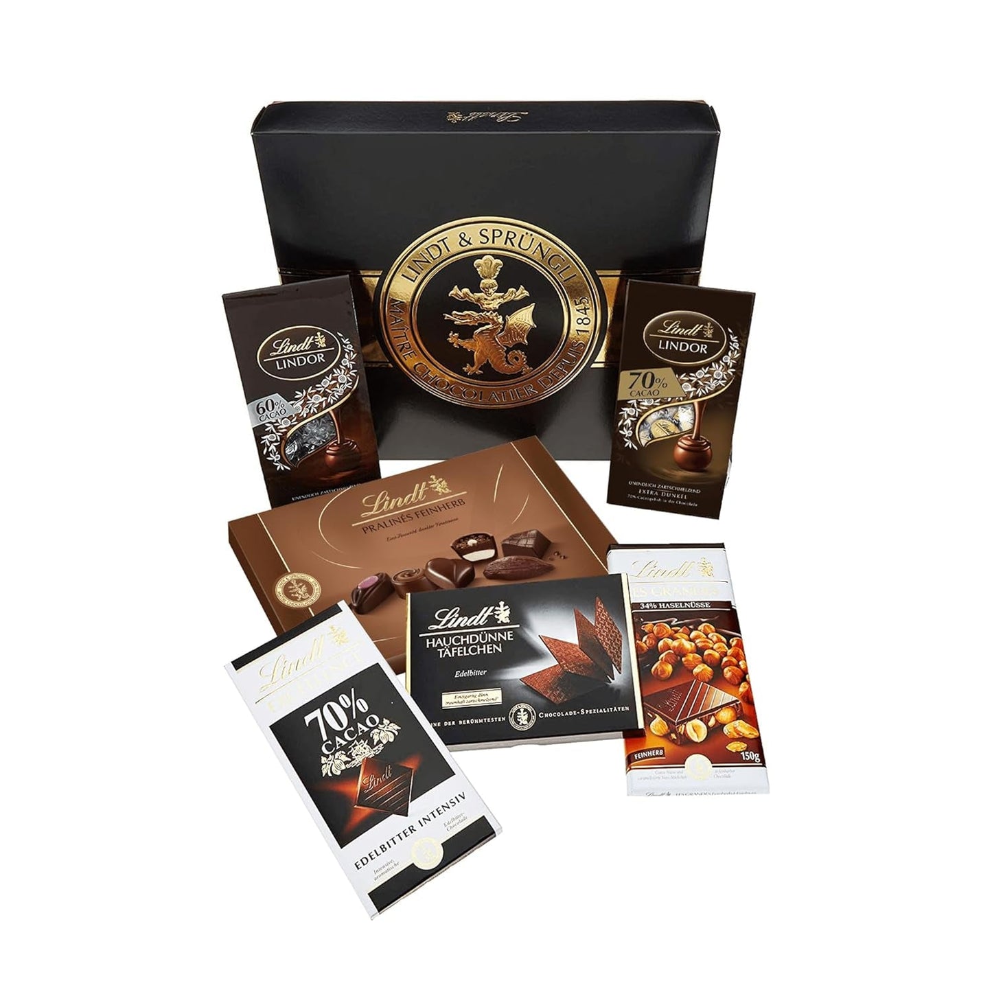 Lindt Set pure chocolade | 847 gram | Set van 6 Lindt pure chocoladespecialiteiten (repen, LINDOR, pralines) van halfzoet tot extra puur | Bulkverpakking | Chocolade geschenk