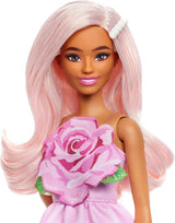 Barbie Fashionistas pop nr. 238 met pastelroze haar, strapless jurk met roze lijfje, parel haarclip en hoge hakken en haarspeldjes, HYT94