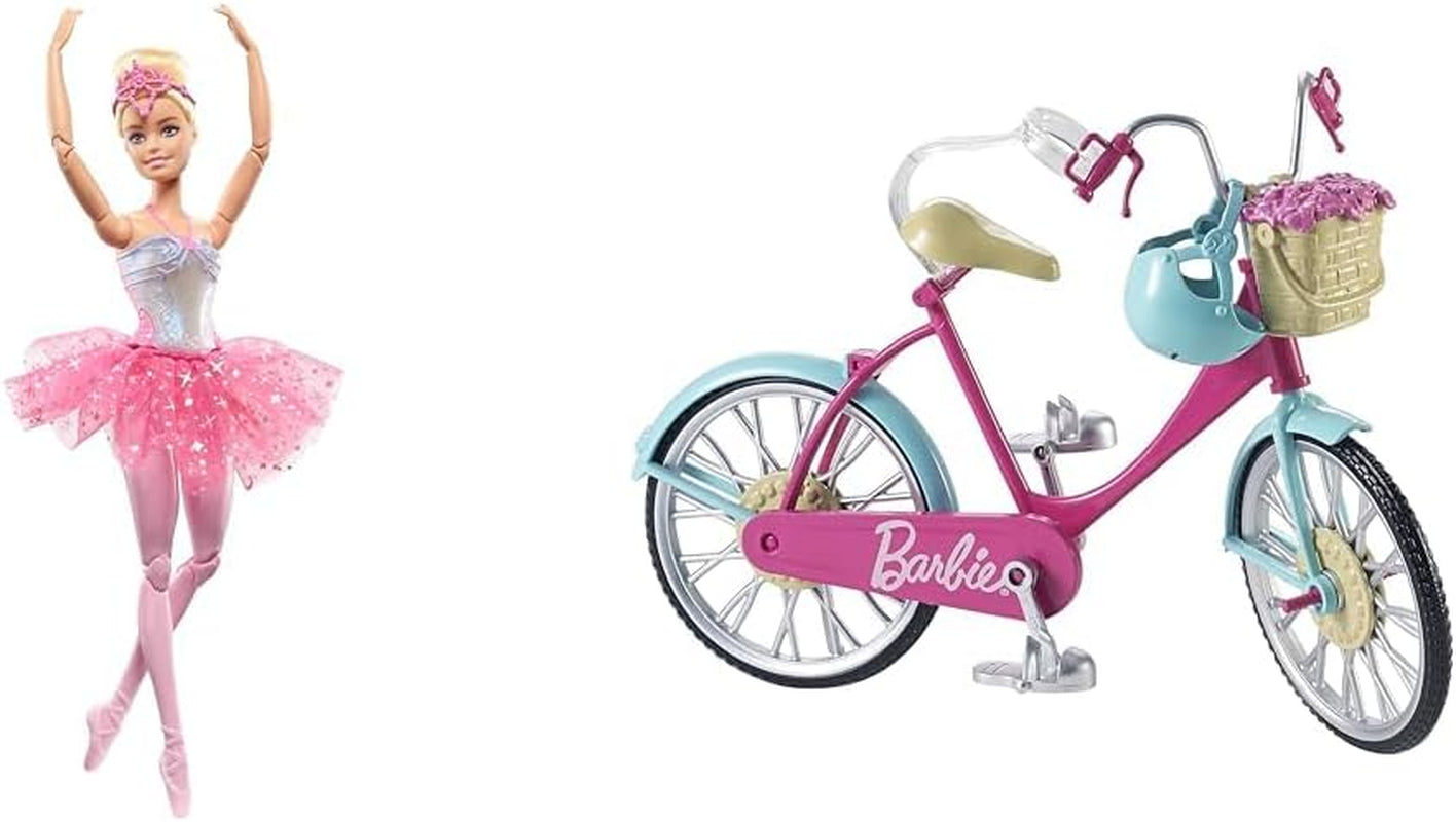 Dreamtopia Magic Light Ballerina Barbiepop met roze tutu en blond haar, 5 licht- en geluidseffecten, beweegbare Barbie, vanaf 3 jaar, HLC25 Naty Shop-poppen Fietsbundel Blond haar