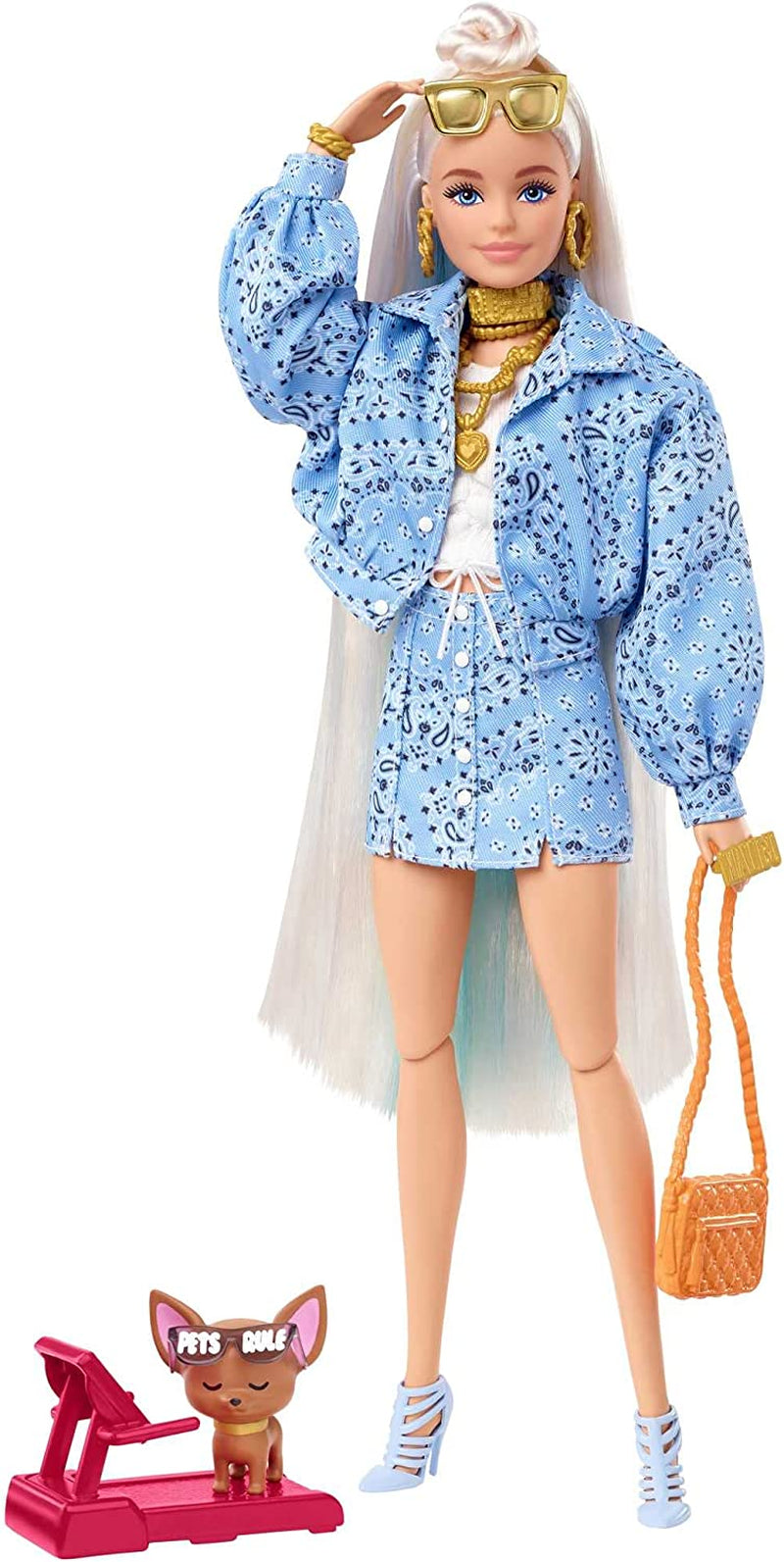 Barbie HDJ46 - Extra pop in jurk met basketbalshirt en accessoires, Corgi huisdier, extra lang krullend haar met roze strepen en flexibele gewrichten, cadeauspeelgoed voor kinderen 3+ Naty Shop Dolls 0