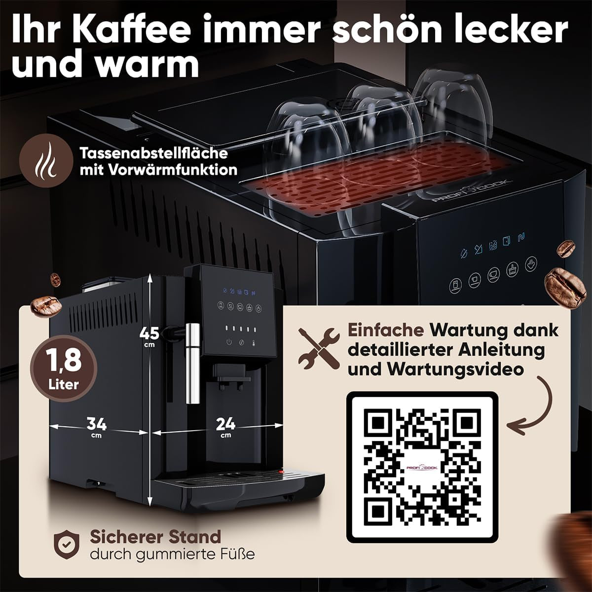 Volautomatische ProfiCook® espressomachine met melkopschuimer voor cappuccino | Conische slijpmachine | met kopjesverwarmingsfunctie | Italiaanse professionele pomp | Touchscreen | Espresso | PC KAV 1281
