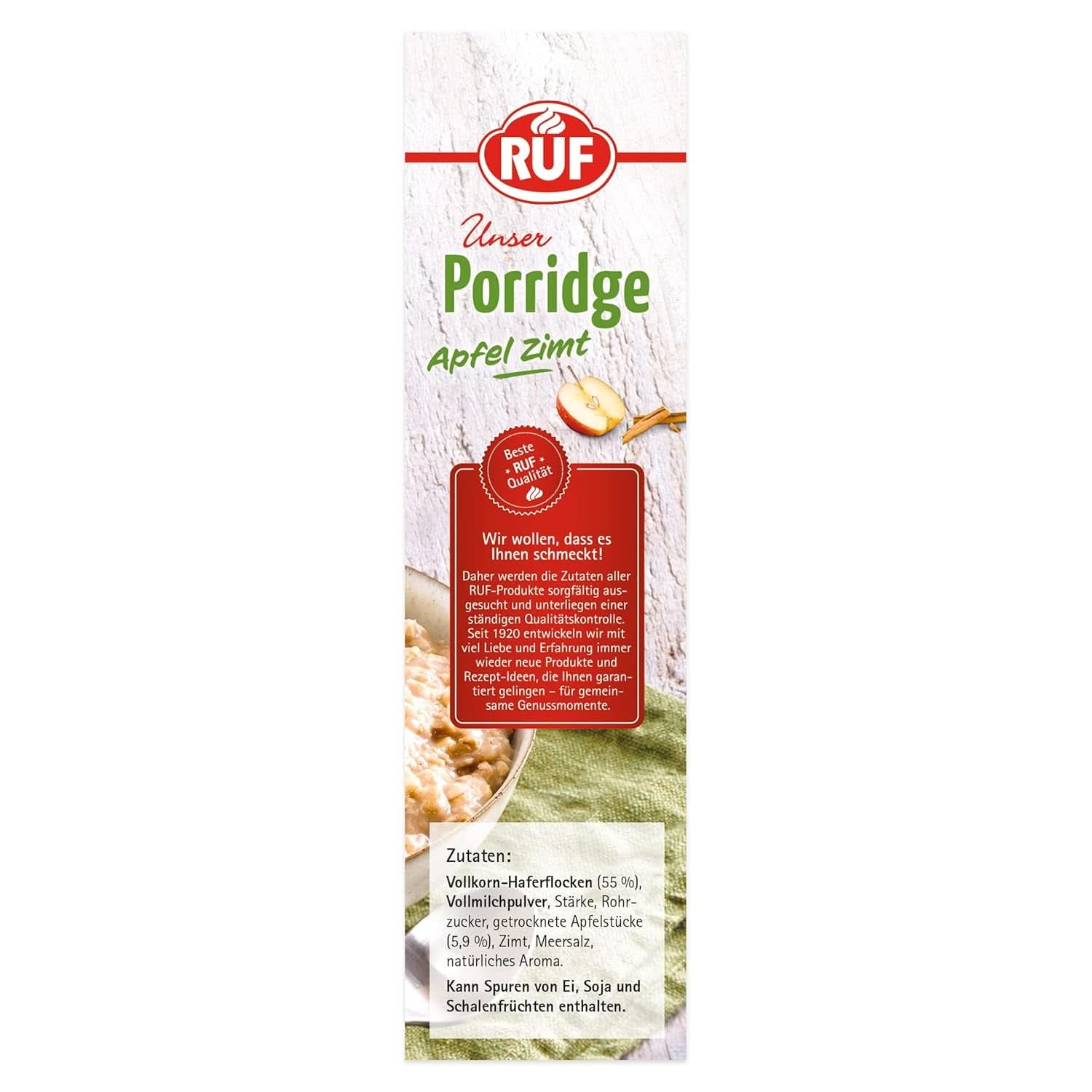 RUF Pap Appelkaneel, met hele havervlokken, fijne kaneelsmaak en stukjes gedroogde appels, 400 gram Cereale Naty Shop