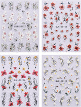 JMEOWIO 3D Nagelsticker Blumen Nail Art Sticker Selbstklebend Nagelaufkleber 5D Stereoskopisch Frühling Zomer Decoratie Nageldesign Zubehör 4 Blatt