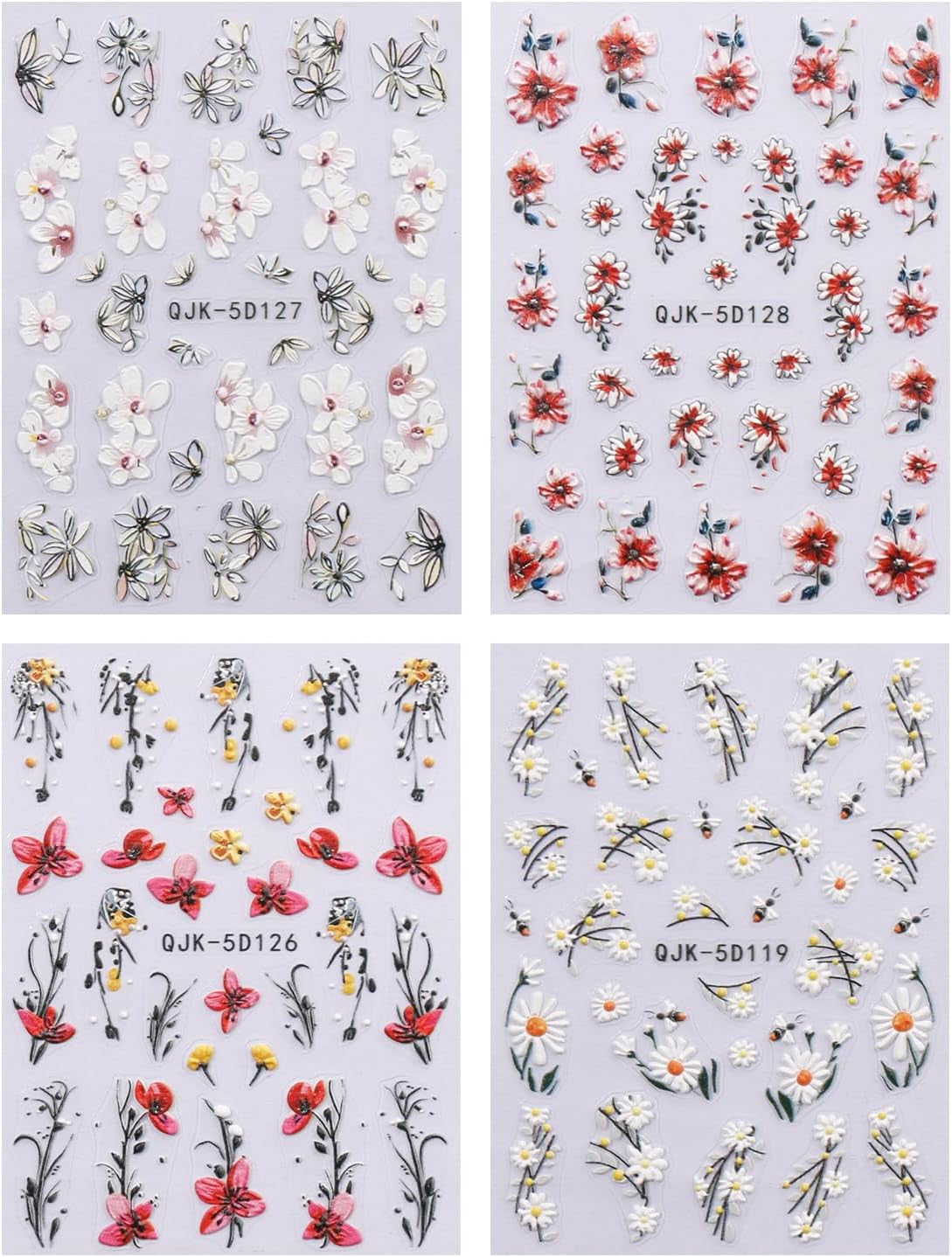 JMEOWIO 3D Nagelsticker Blumen Nail Art Sticker Selbstklebend Nagelaufkleber 5D Stereoskopisch Frühling Zomer Decoratie Nageldesign Zubehör 4 Blatt