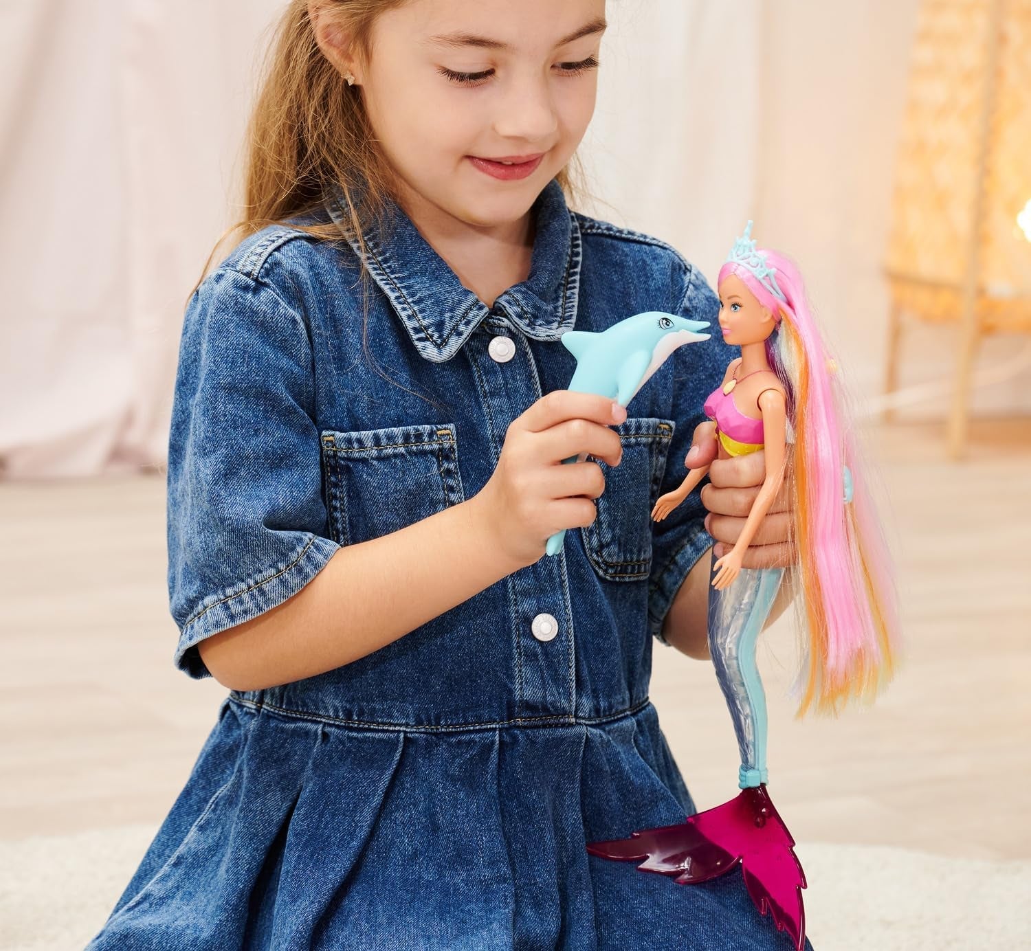 Simba Steffi Love Mermaiserende zeemeerminpop met regenbooglichtfunctie, extra lang haar, dolfijnfiguur en haarclips, 39 cm hoog, Try-Me-functie, vanaf 3 jaar