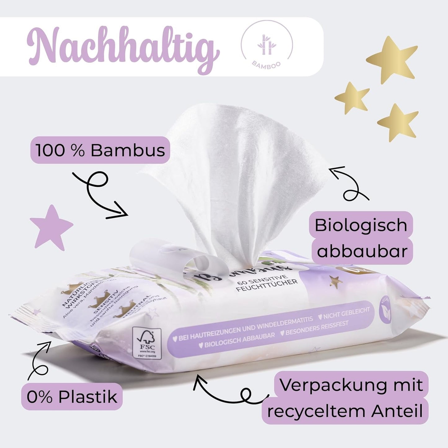 Millis Bamboo Baby Sensitive vochtige doekjes voor de gevoelige babyhuid - 5 x 60 stuks - Natuurlijke, zachte en duurzame reiniging - Biologisch afbreekbare babydoekjes, plasticvrij en alcoholvrij